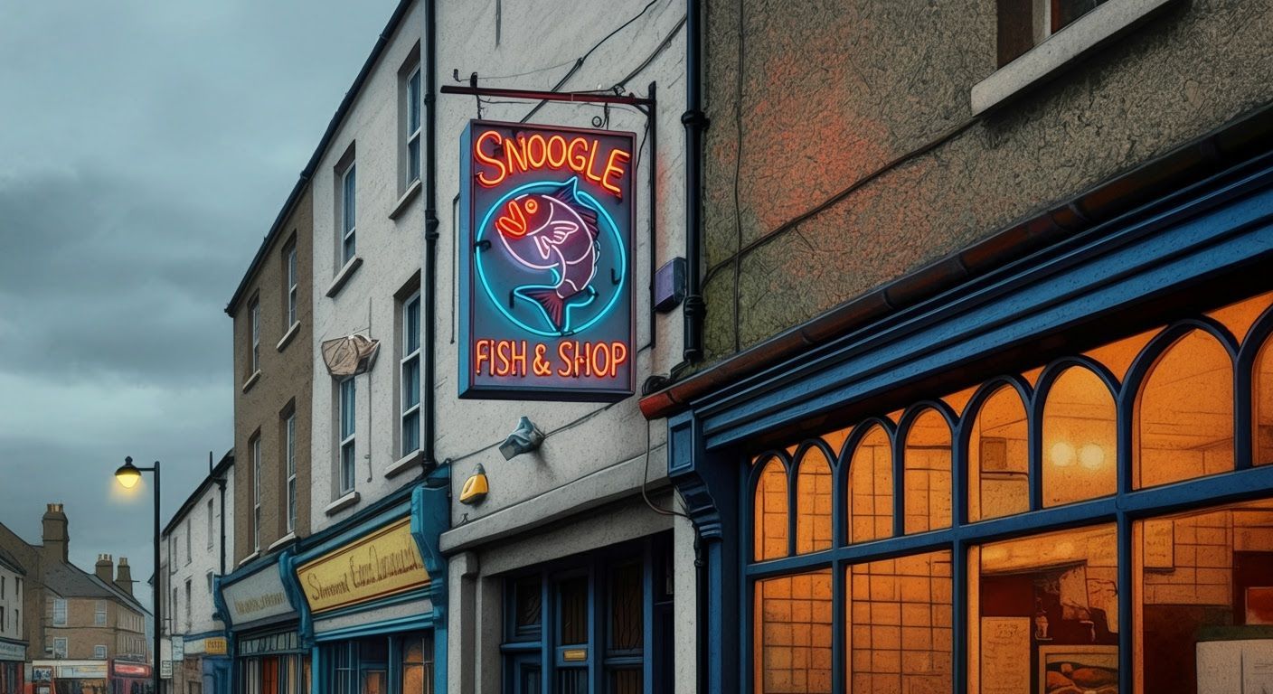 Retro Snoogle Fish & Chip Shop Sign on Bustling High Street