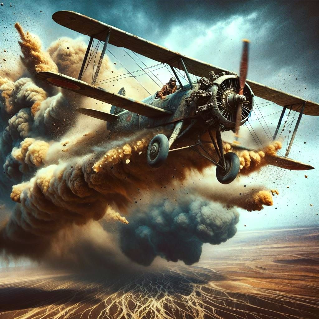 Battle-Scarred Biplane Soaring Over Barren Landscape