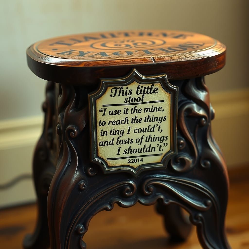Whimsical Carved Wooden Stool with Inscription