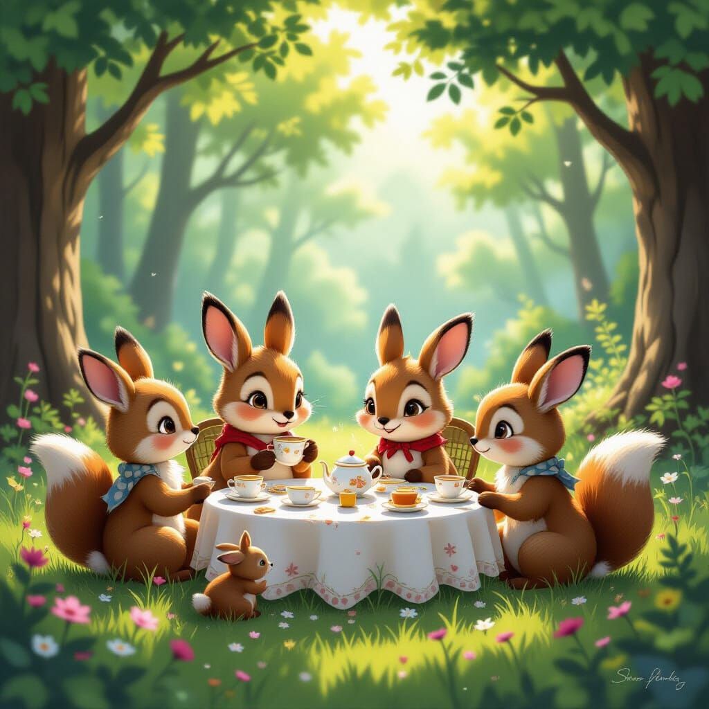 Woodland Creatures Tea Party in Sun-Dappled Glade