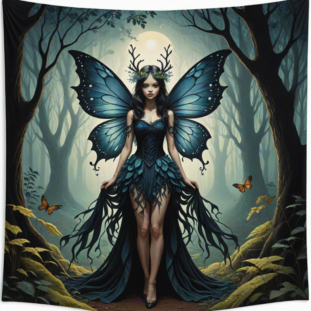 Ethereal Dark Fairy in Shadowy Forest Tapestry
