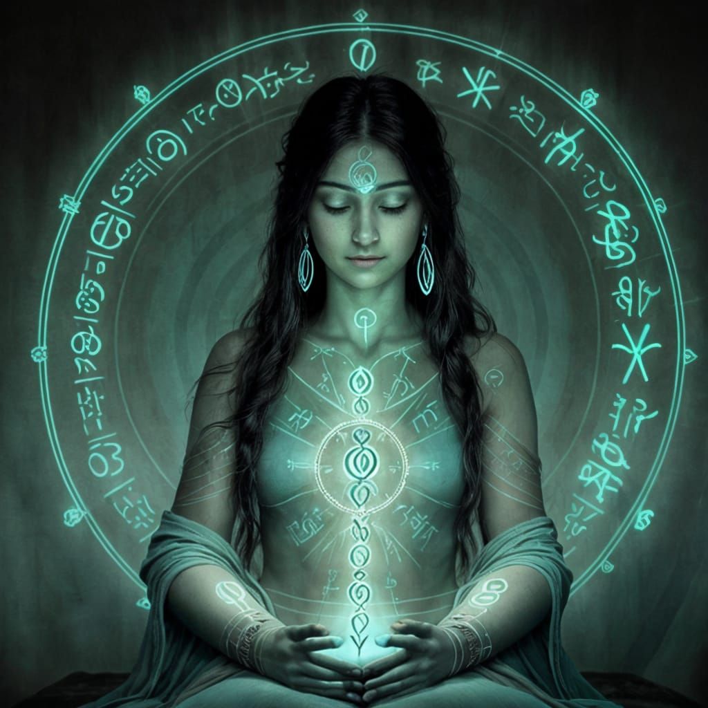 Meditative Prophetess in Turquoise Light
