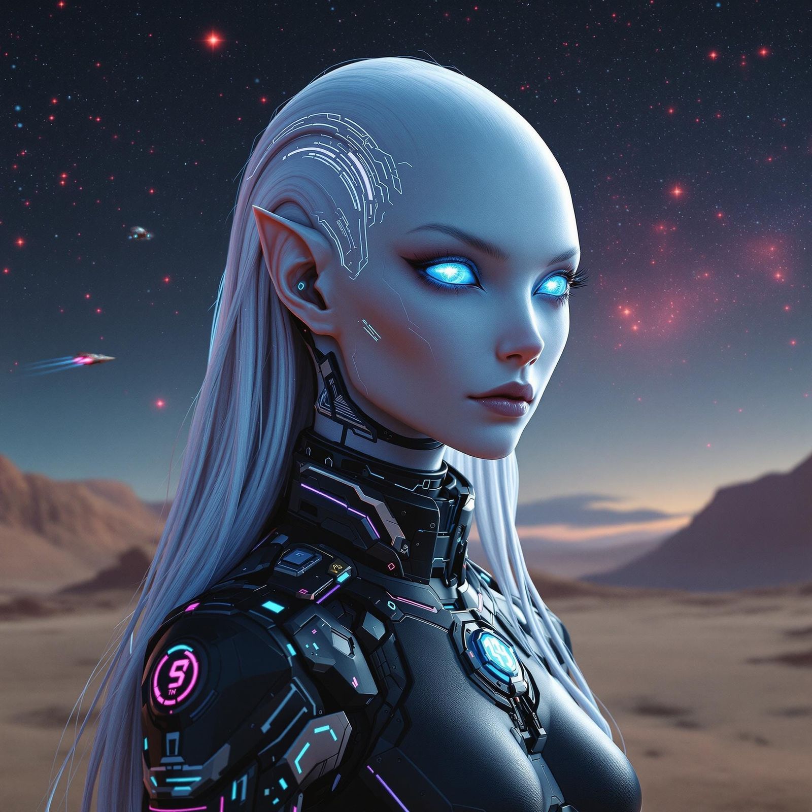 Enigmatic Yardrobian Alien Female in Cyberpunk Hues