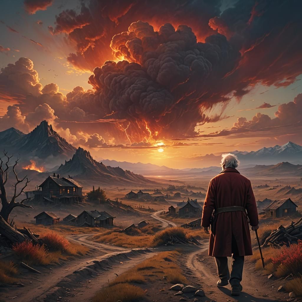Lonely Old Man Walks into Blazing Sunset