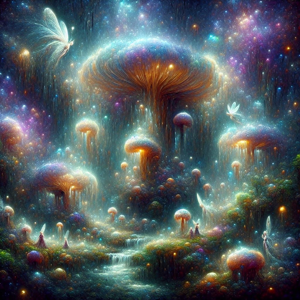 Ethereal Fairies Tend Luminescent Mushrooms in Mystic Forest