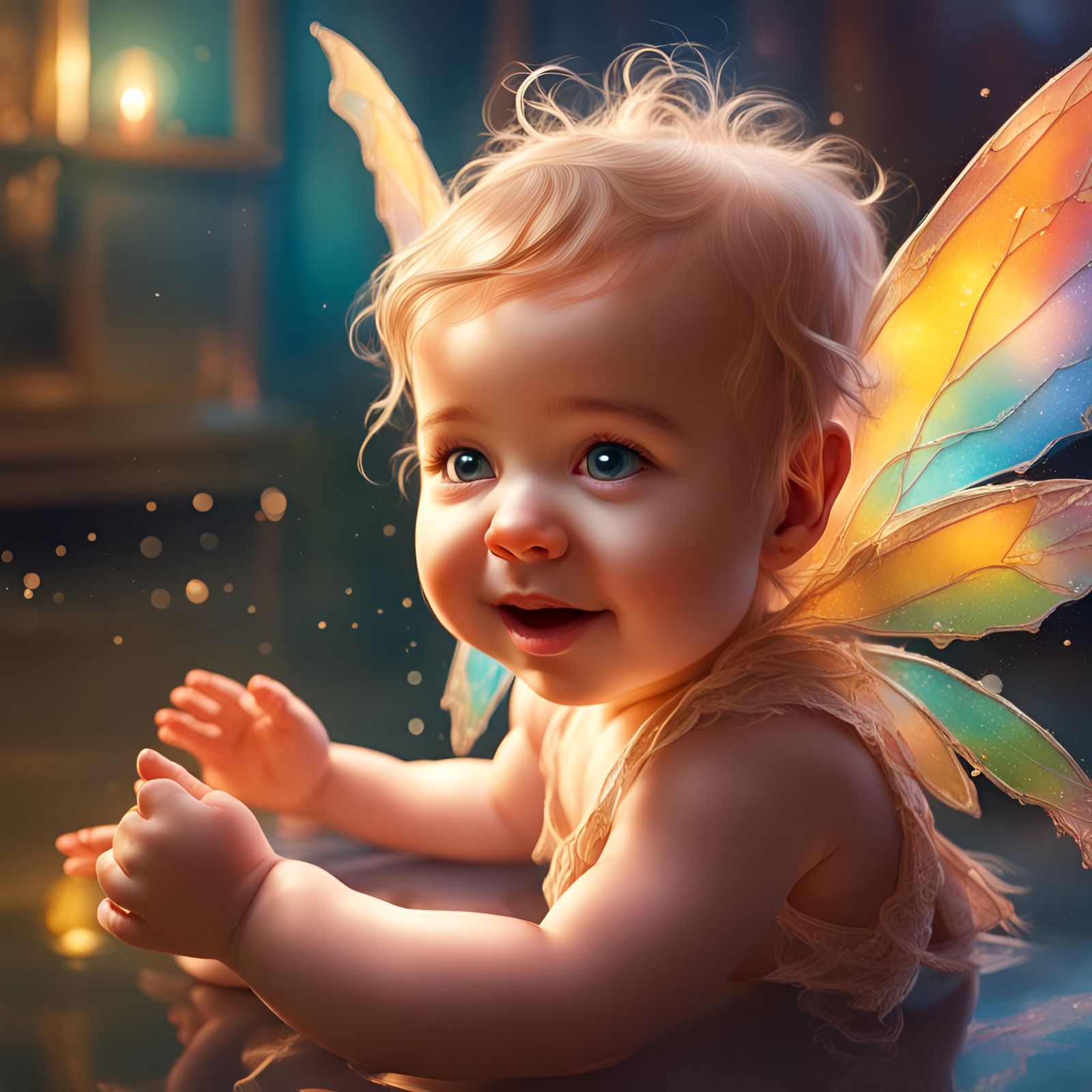 Hyperrealistic Baby Fairy Gazing at Reflection