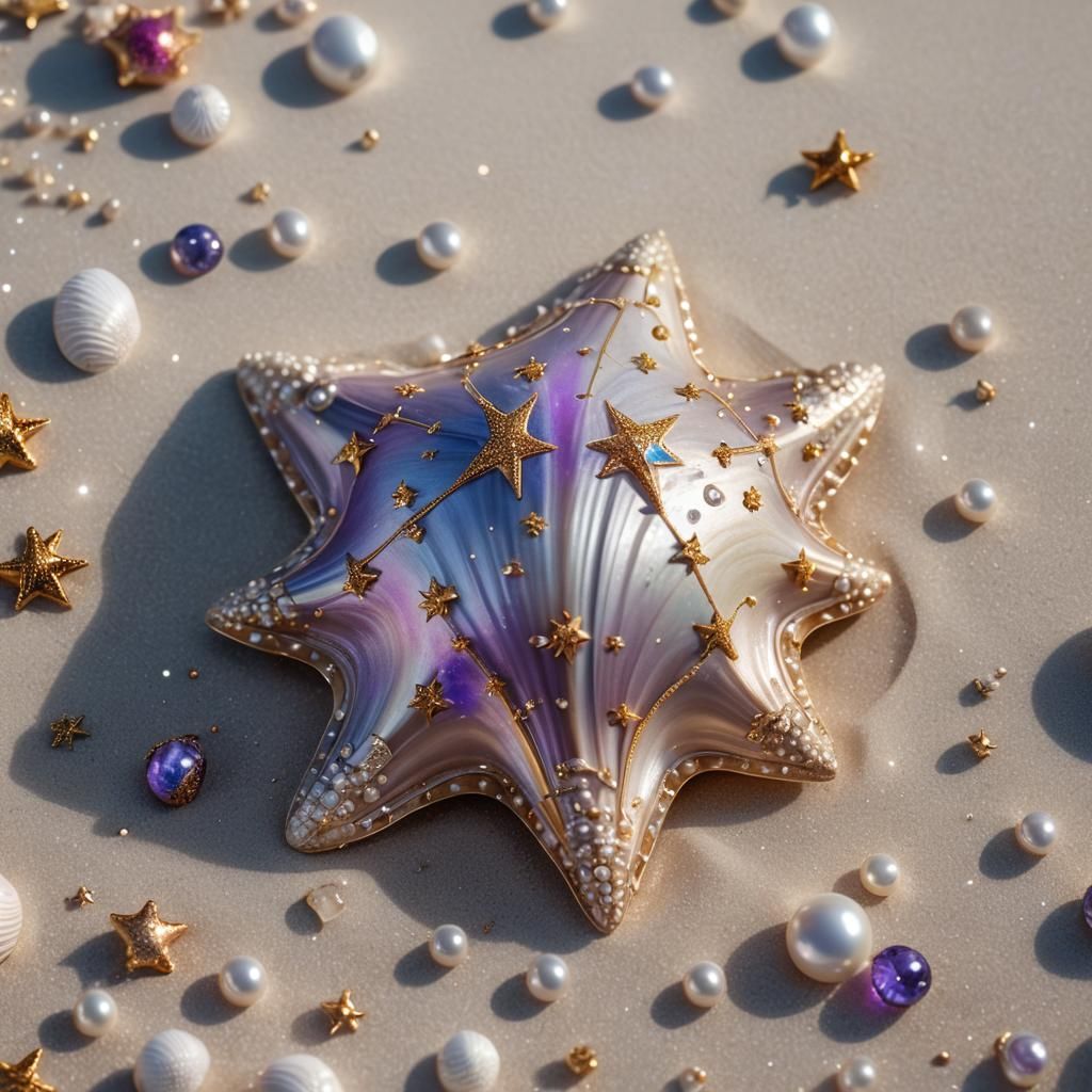 Luminous Pearly Shell with Star Patterns on White Sand