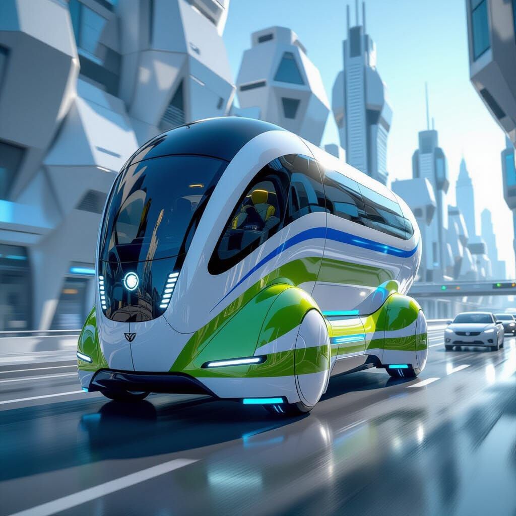 Futuristic Beetle-Train Hovering in a Glassy City