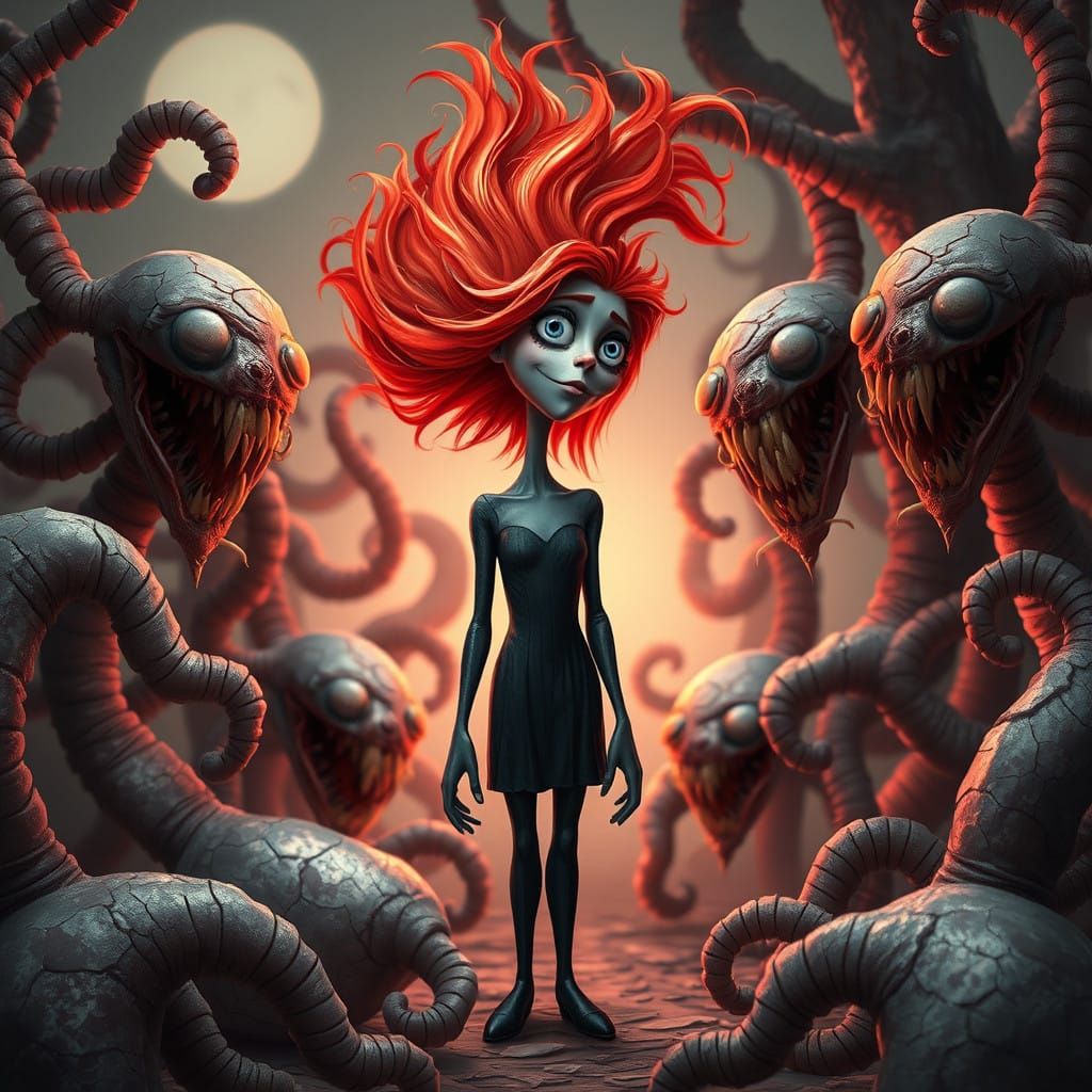 Fiery Redhead Surrounded by Twisted Candy Creatures in a Dar...
