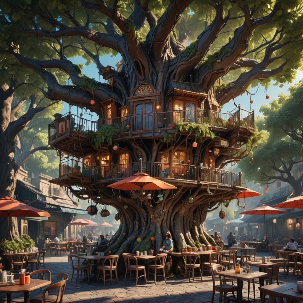 Fantastical Cafe in a Tree: Detailed Matte Painting