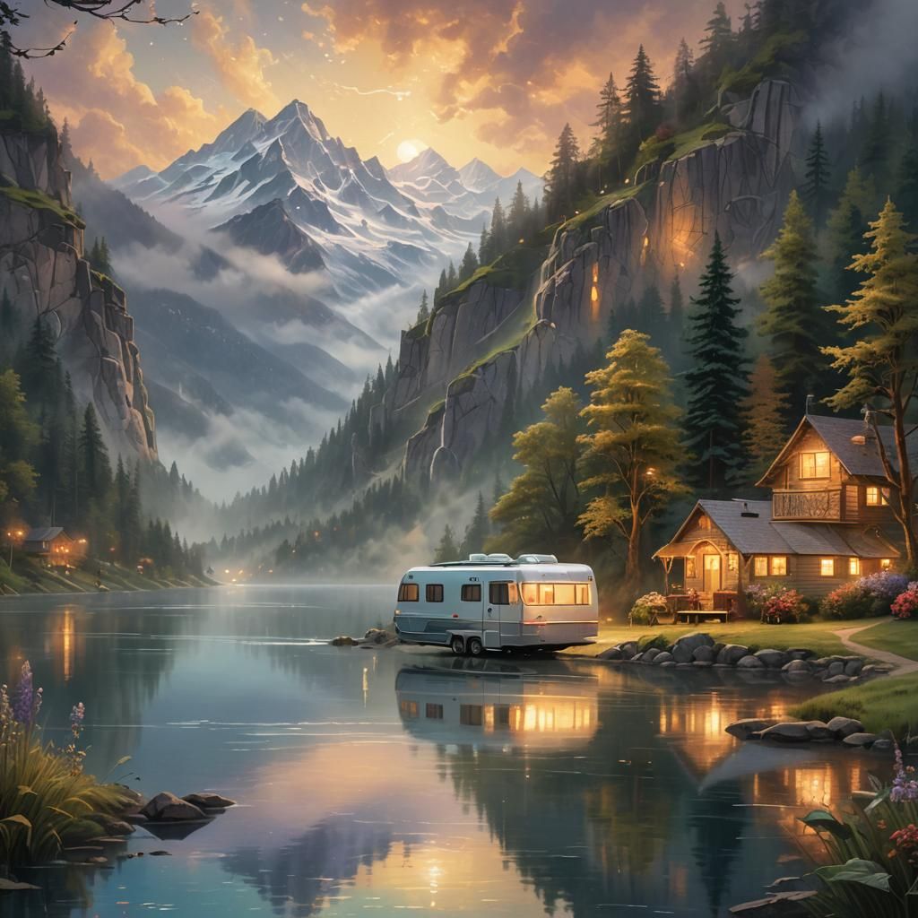 RV by Misty Lake: A Thomas Kinkade Inspired Scene