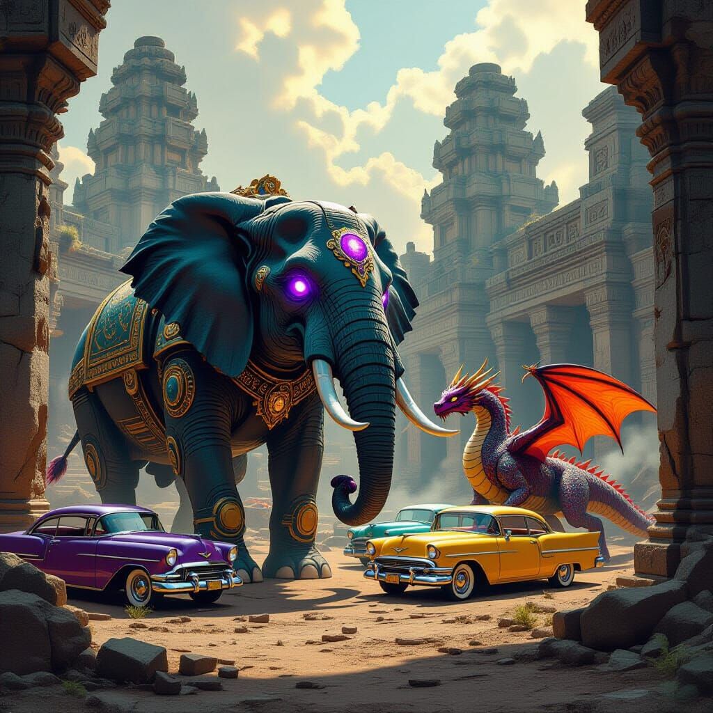 Robot Elephant and Dragon Play with Cars in Temple Ruins