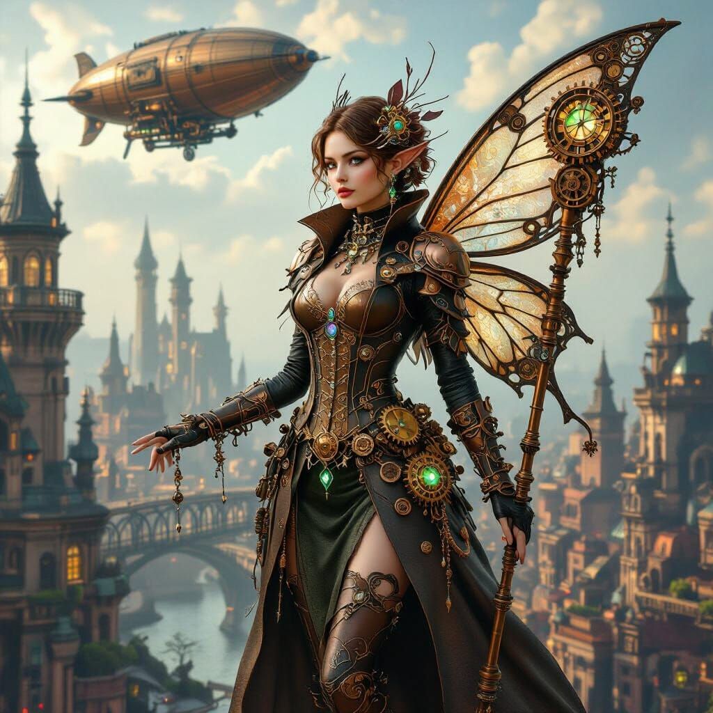 Steampunk Fairy with Clockwork Jewelry and Wings