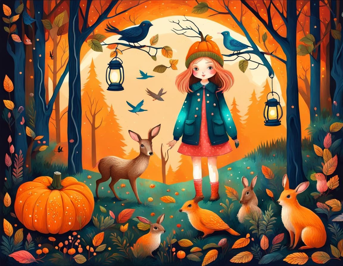Girl with Pumpkin Lantern in Enchanted Forest