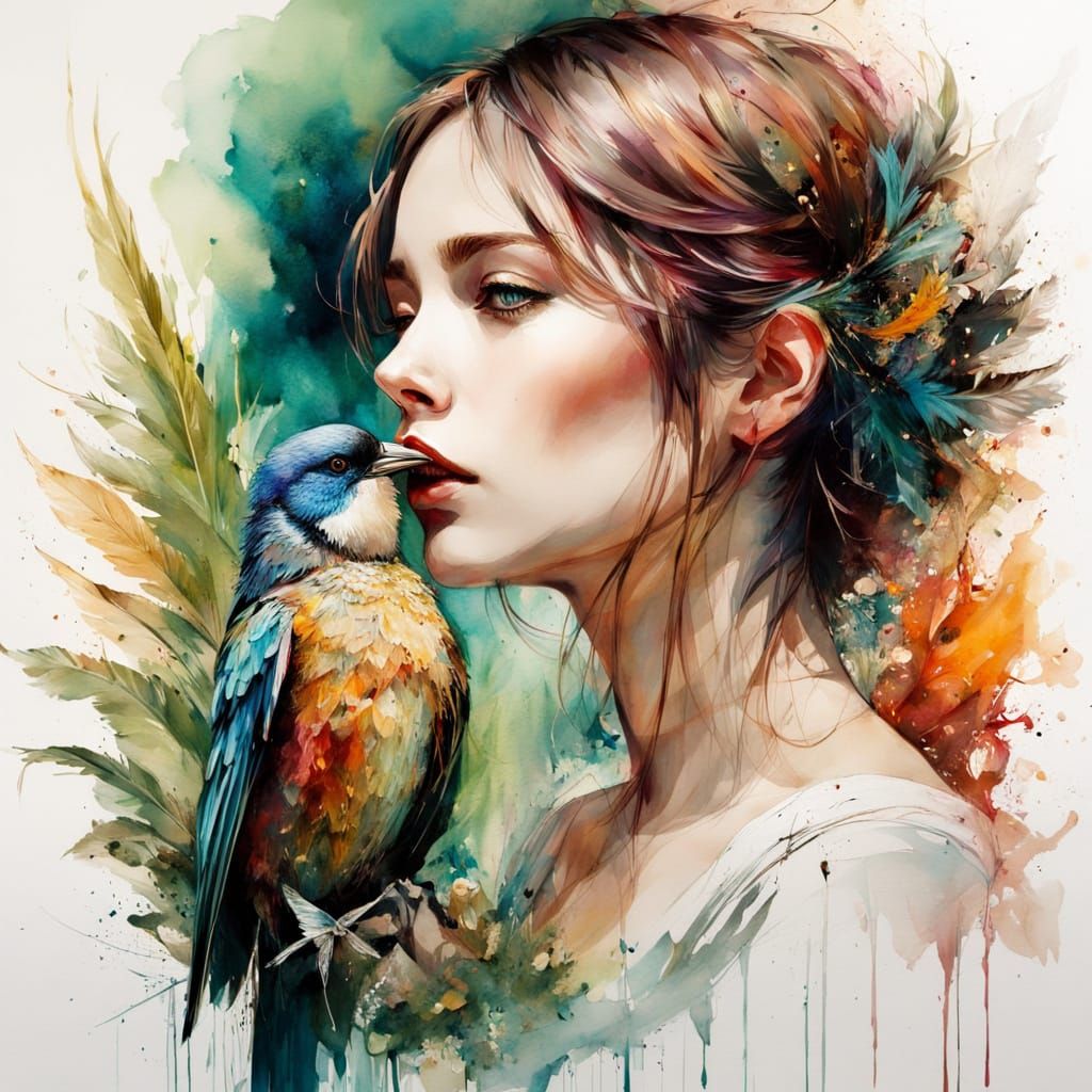 Woman and Bird in Digital Watercolor Illustration