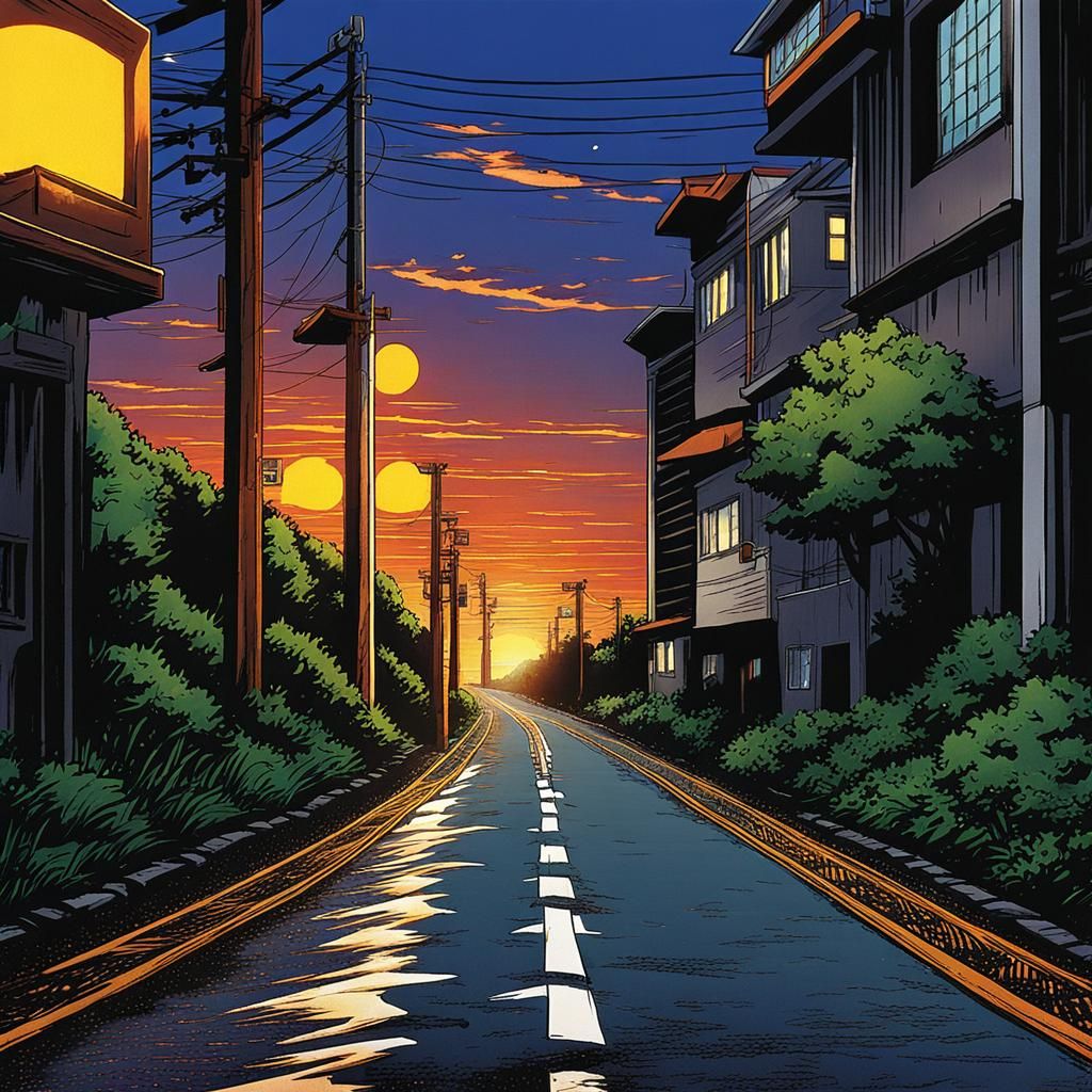 Anime Boy Walks at Sunset: Manga Style