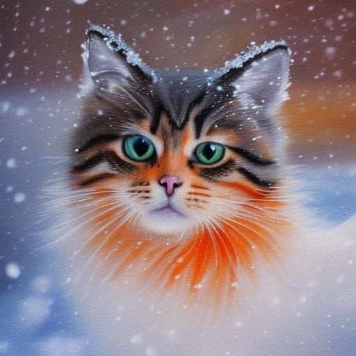 Orange Cat in Winter Landscape Oil Painting