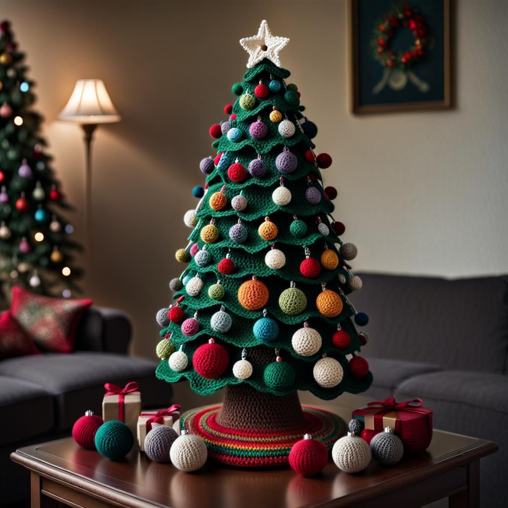 Intricately Crocheted Christmas Tree with Knitted Ornaments