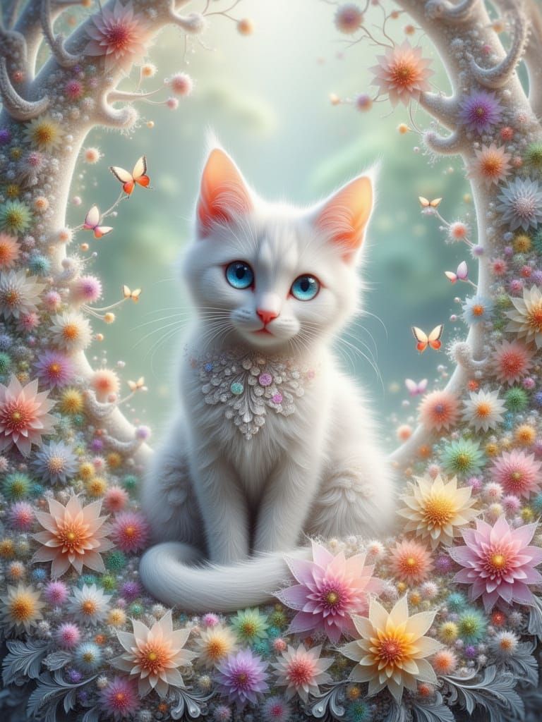 Whimsical Fractal Landscape with White Cat and Butterflies