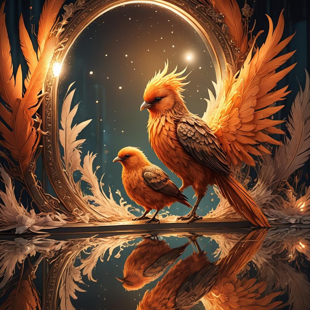 Orange Bird Gazing at Phoenix Reflection