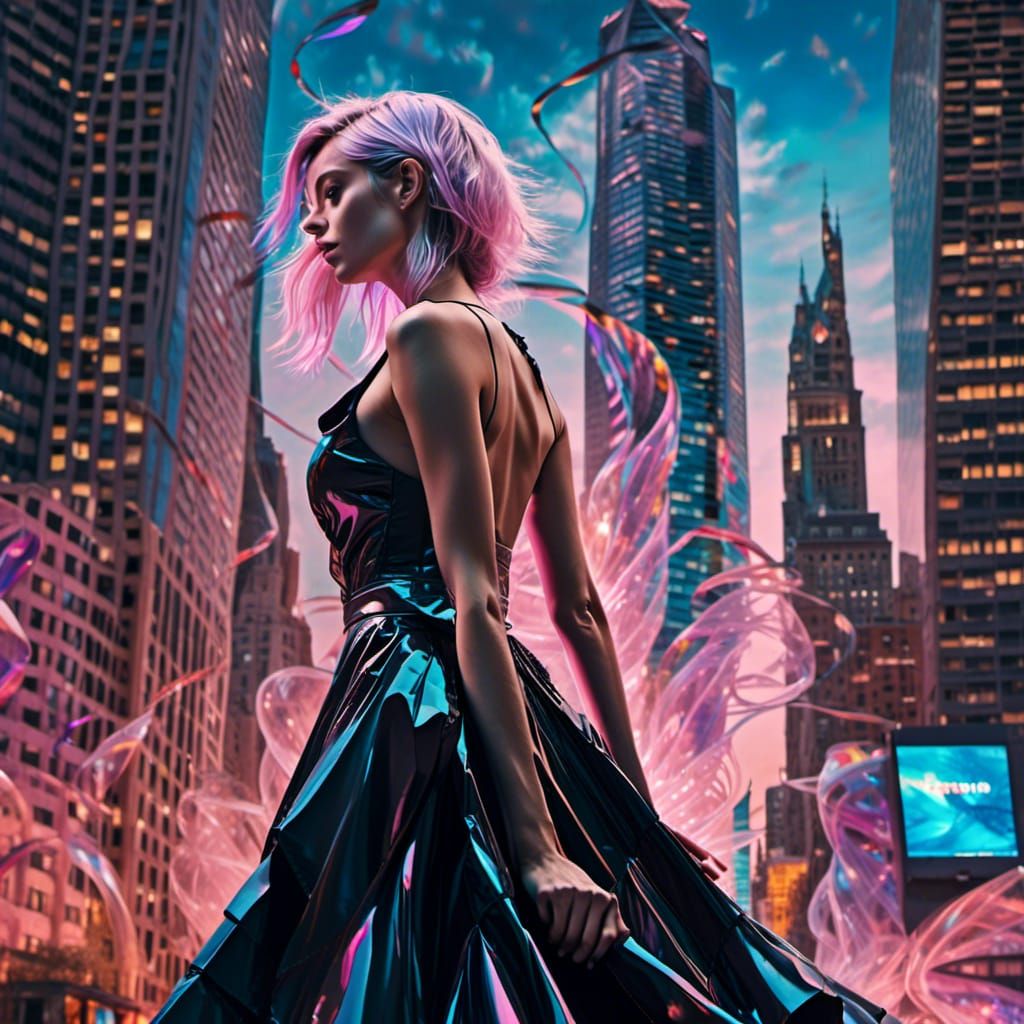 Cyberpunk Woman in Psychedelic Cityscape, Digital Illustrati...