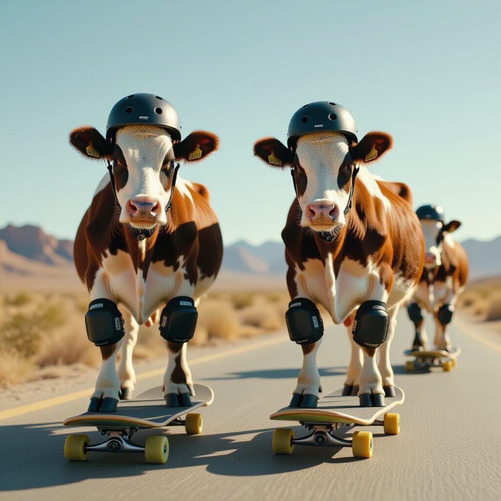 Cows Skateboarding in a Sun-Drenched Landscape