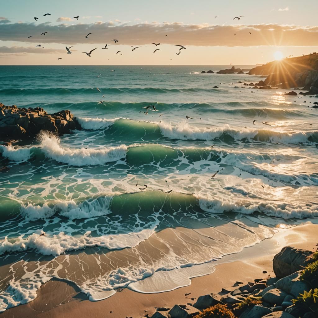 Rocky Beach at Sunrise in Polaroid Style