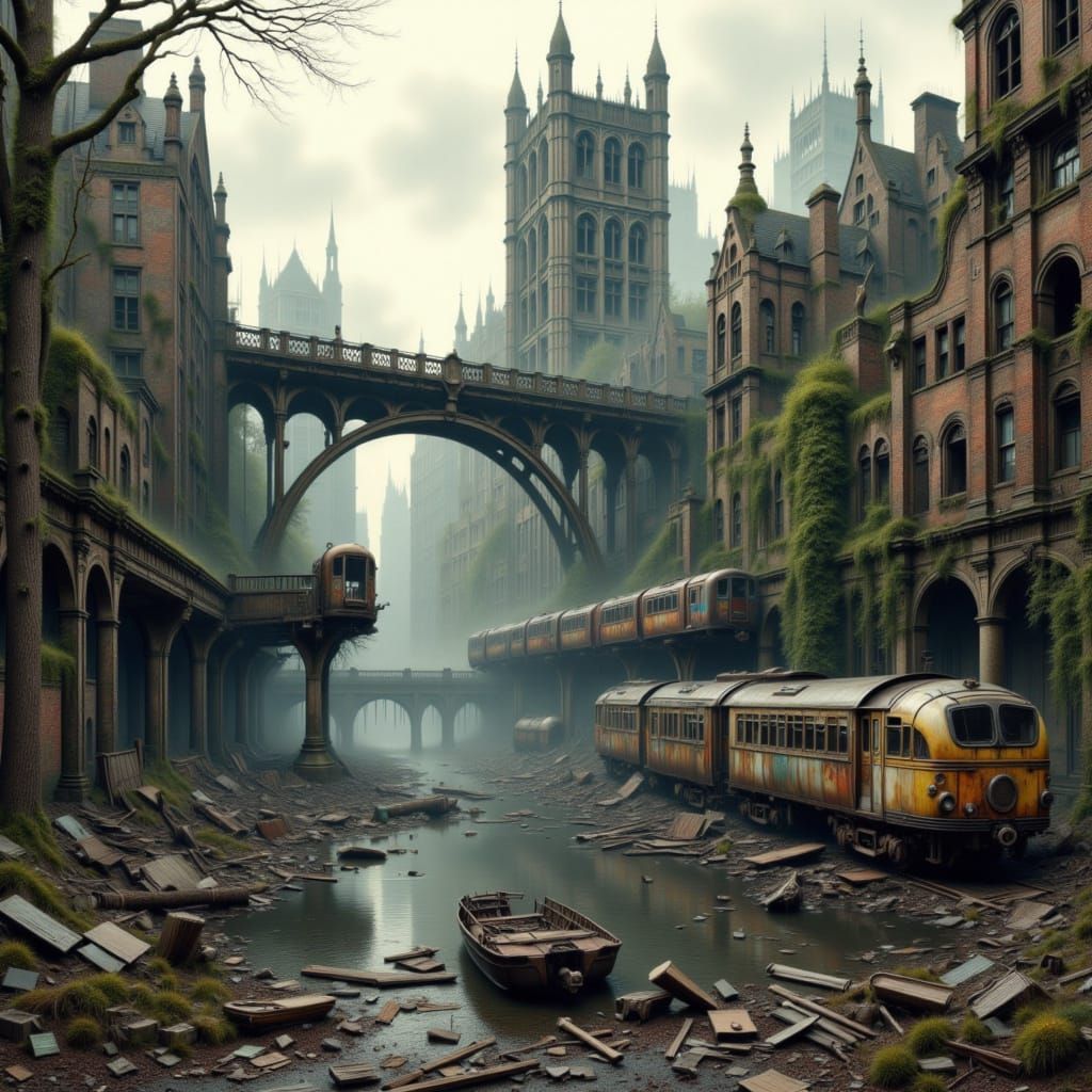 Post-Apocalyptic London Ruins in Dark Fantasy Style