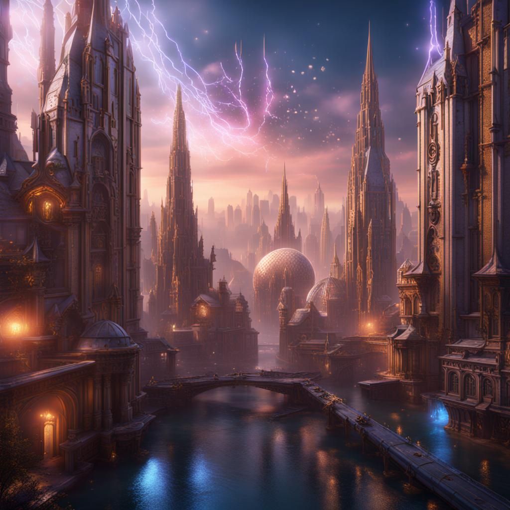 Futuristic Cityscape with Teleportation Effects
