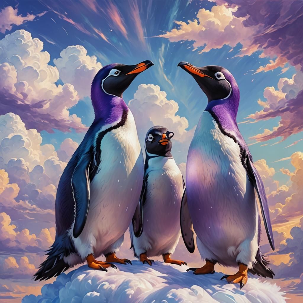 Purple Penguins in a Dreamy Sky, Digital Art