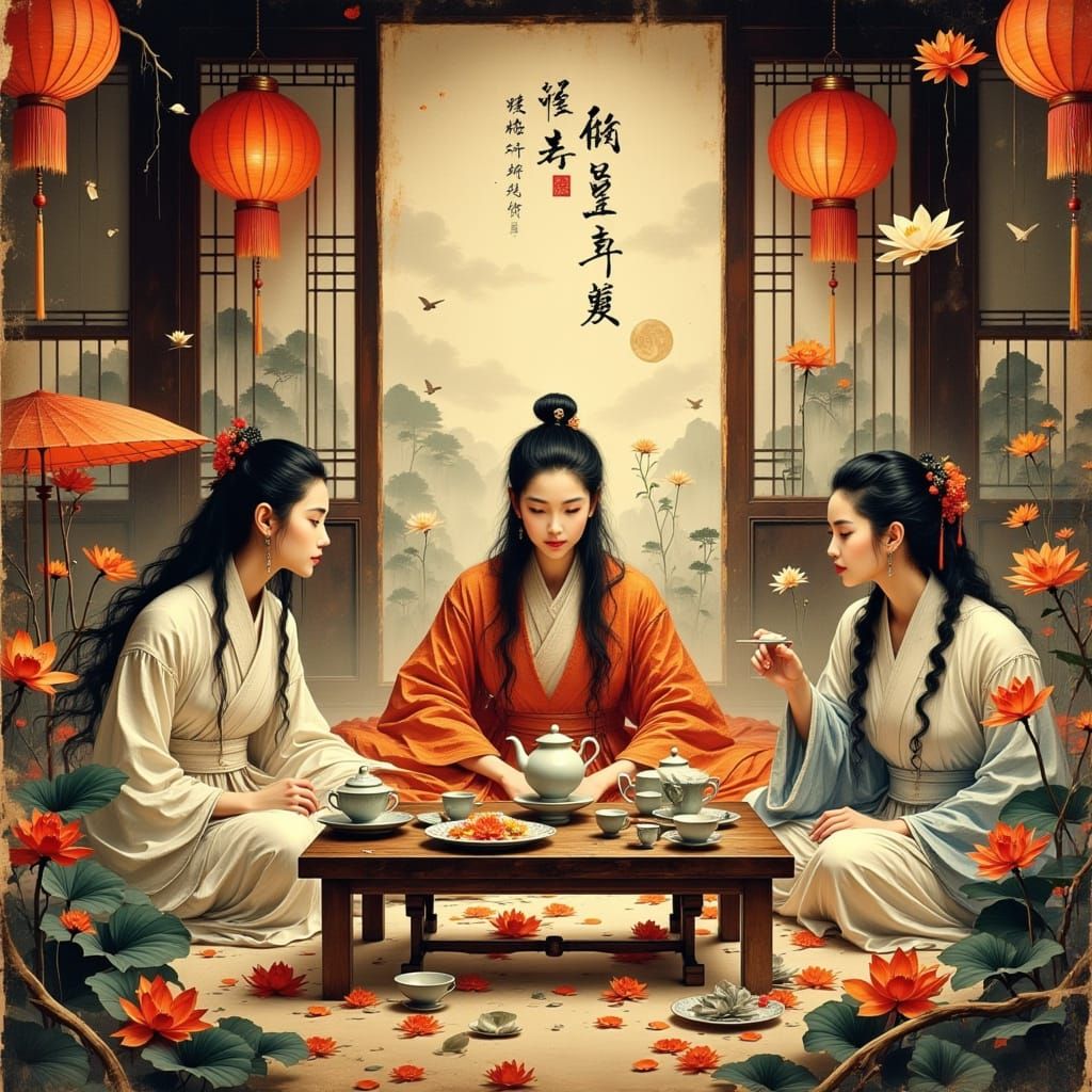 Elegant Tea Ceremony in Chinese Classical Art Style