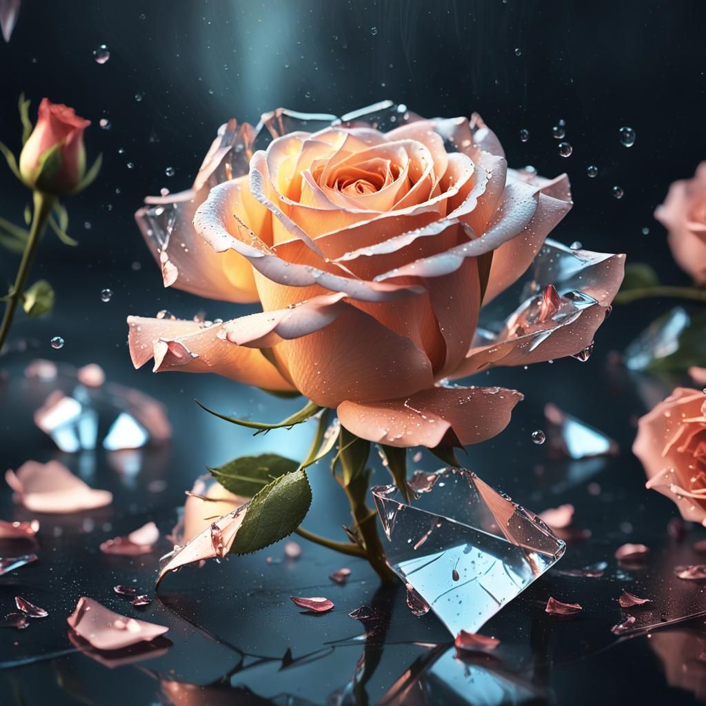 Rose Emerging from Shattered Glass: Hyper-Realistic Digital ...