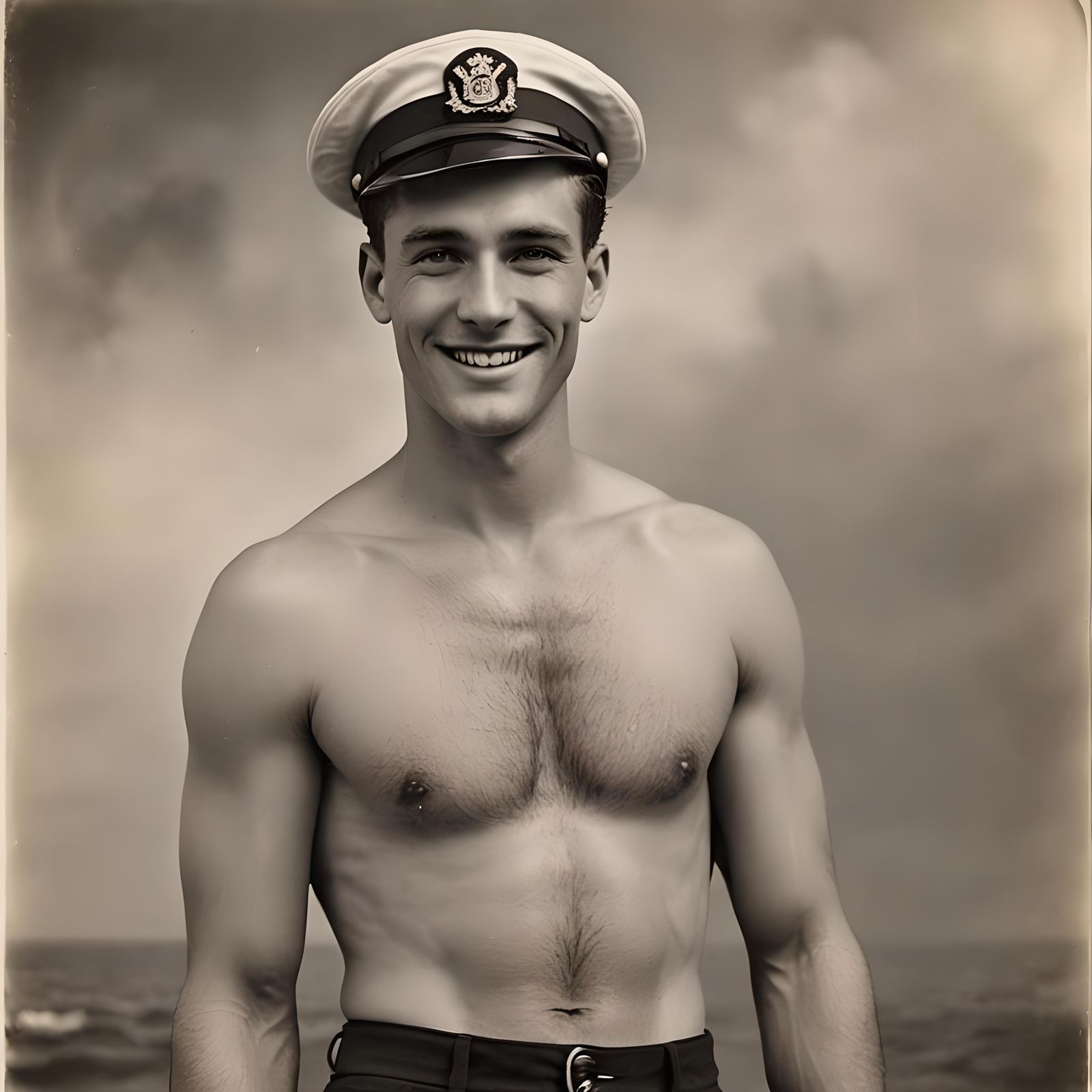a handsome 1920s American clean shaven shirtless smiling sai...