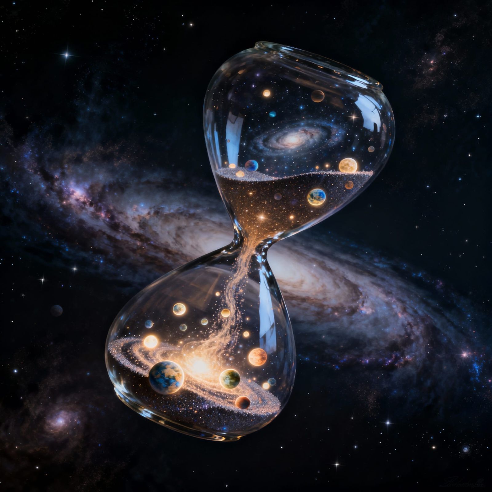 Cosmic Hourglass With Galaxies and Planets