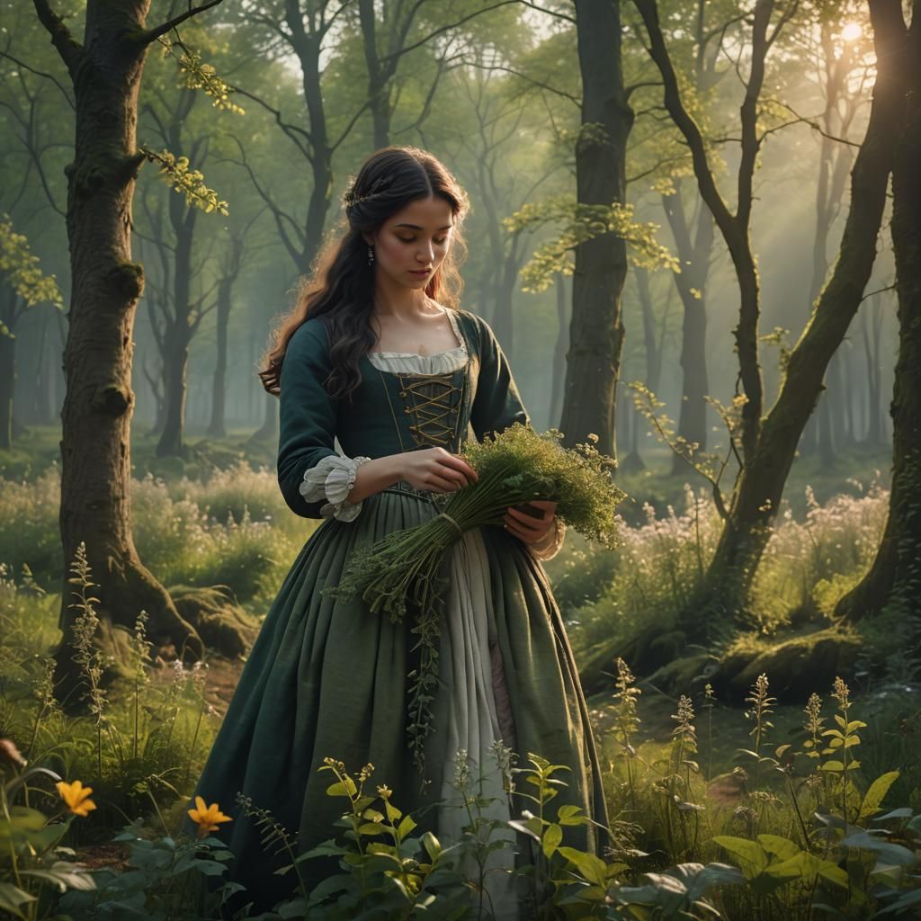 Spring Forest Sunrise with Woman Collecting Herbs