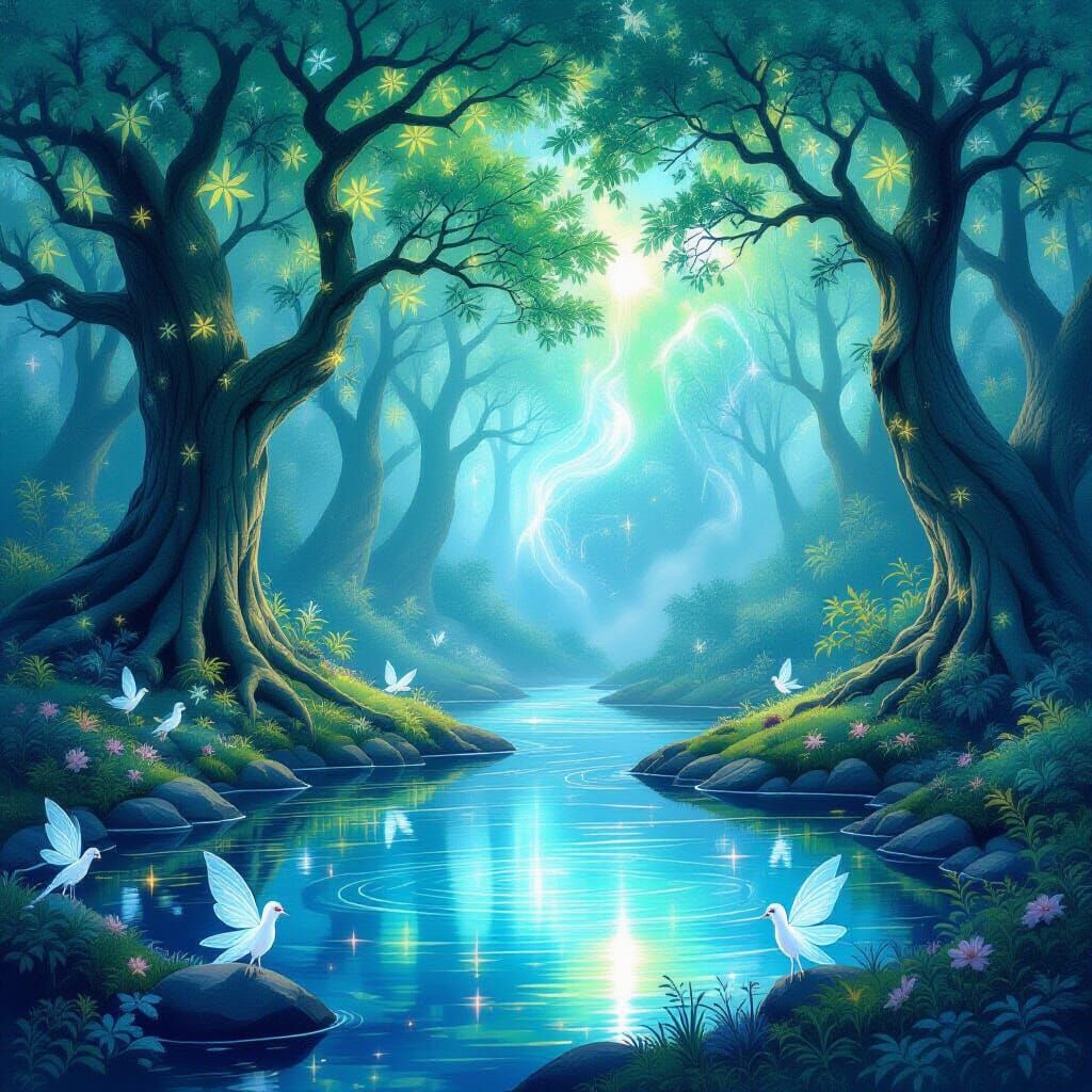 Enchanted Forest Clearing with Luminous Trees and Aurora Pon...