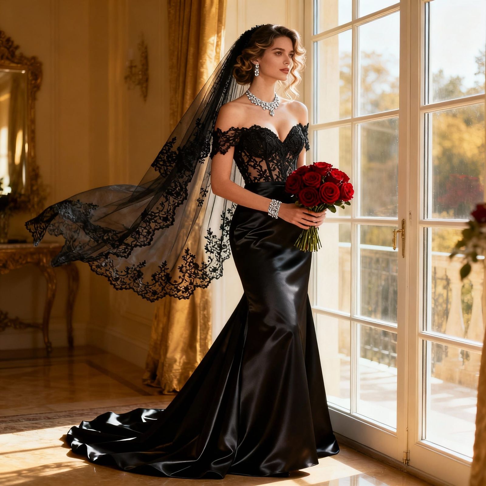 Elegant Influencer in Black Lace Bridal Gown by Window