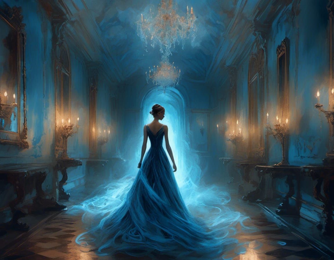 Ethereal Woman in Dark Hallway: Dark Fantasy Art