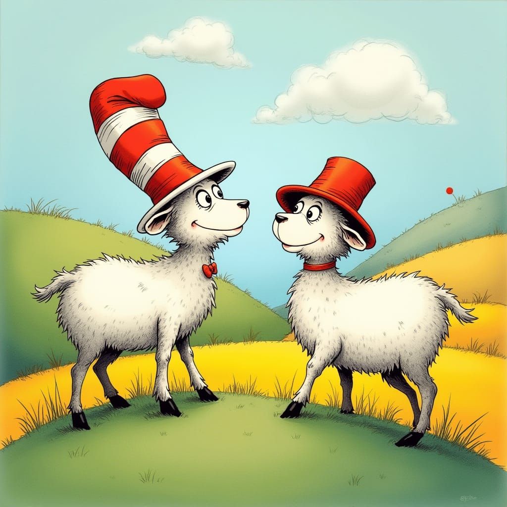 Whimsical Sheep Conversation in Dr. Seuss Style
