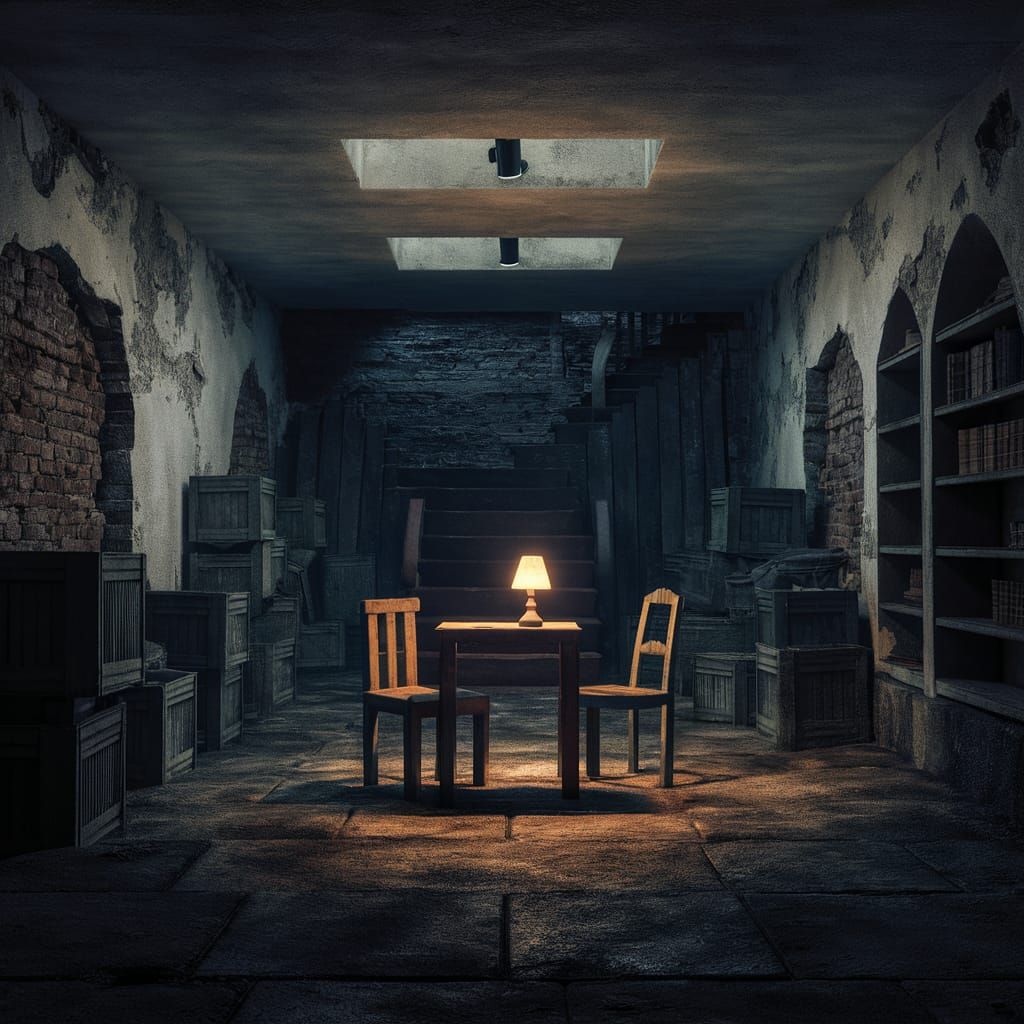 Eerie Dimly Lit Basement with Rickety Table