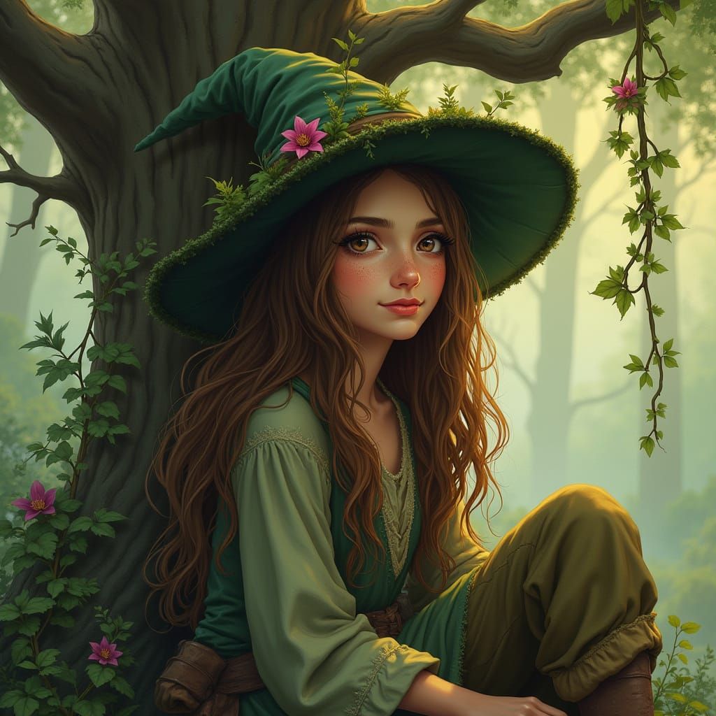 Nature Witch in Dreamlike Forest, Fantasy Art