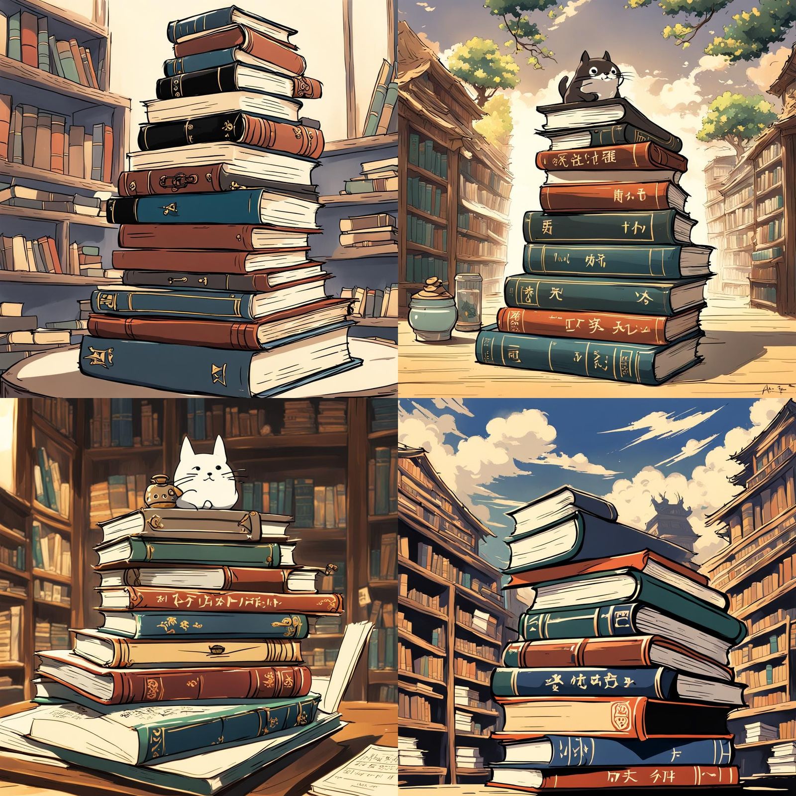 Spinning Books in Studio Ghibli Anime Style