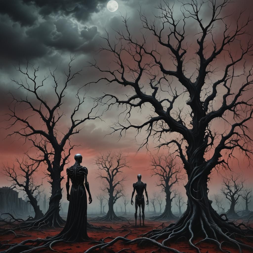 Dark Surrealism: Lone Figure in Eerie Landscape