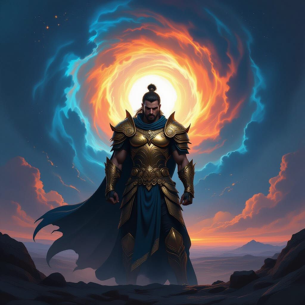 Brave Warrior in Golden Armor Before Celestial Vortex