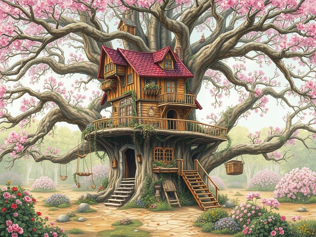 Whimsical Treehouse Village in a Surreal Spring Landscape, R...