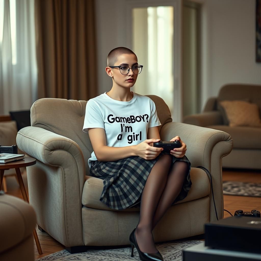 Hyperrealistic Portrait: Gamer Girl in Cozy Living Room