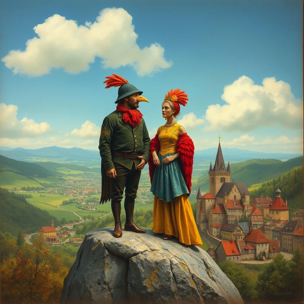 Bird People Overlook Medieval Town in Chagall Style