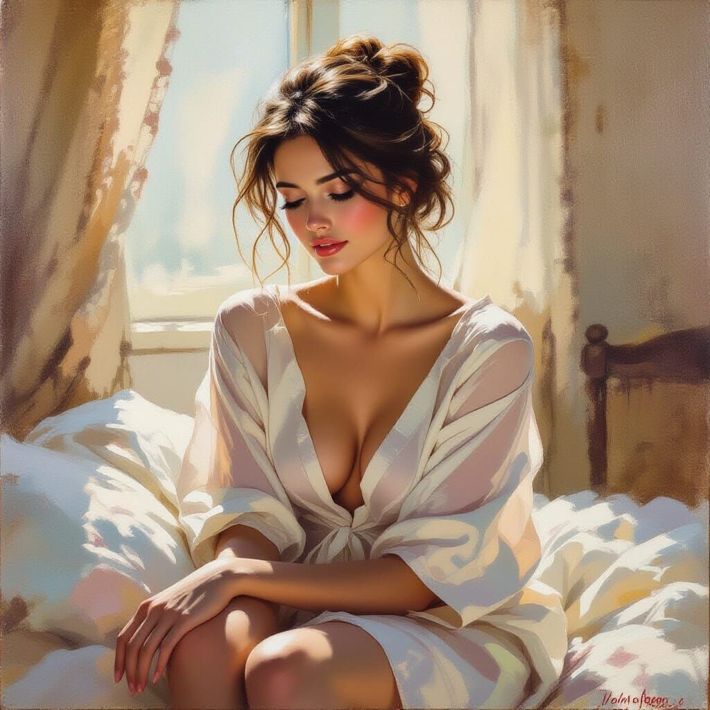 Woman in Peignoir: Oil Painting in Morning Light