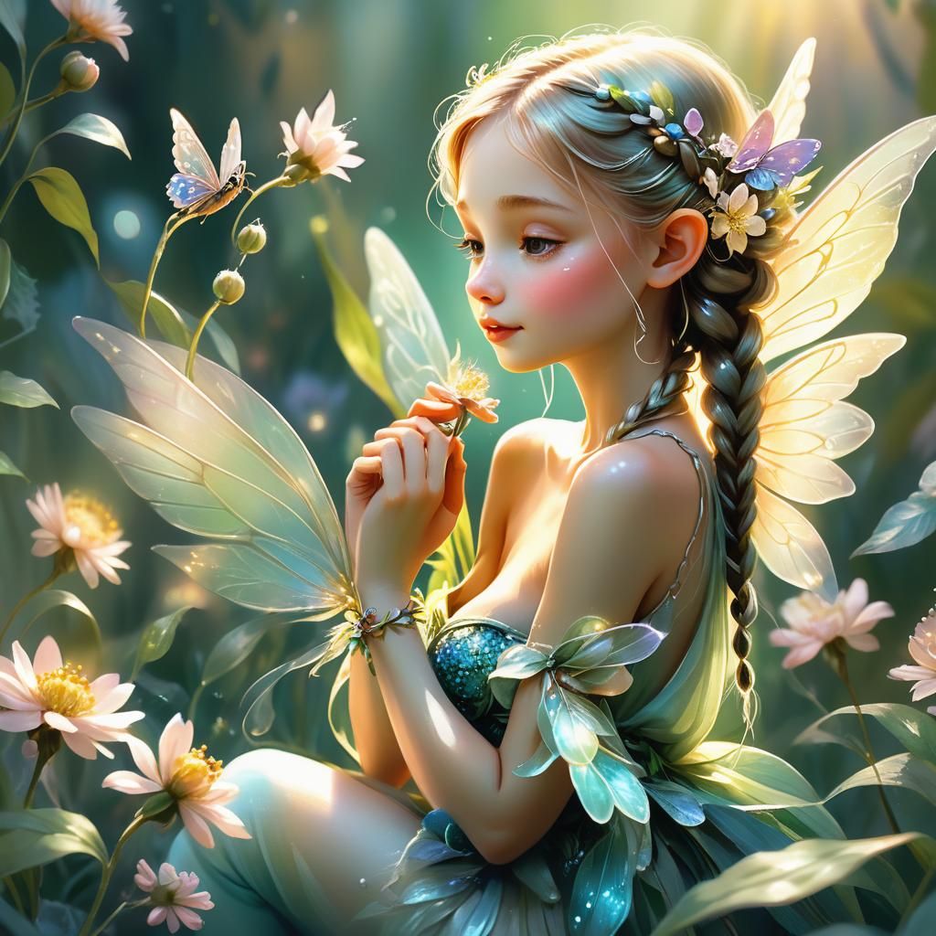 Fairy on Flower Bud in Ethereal Garden Scene