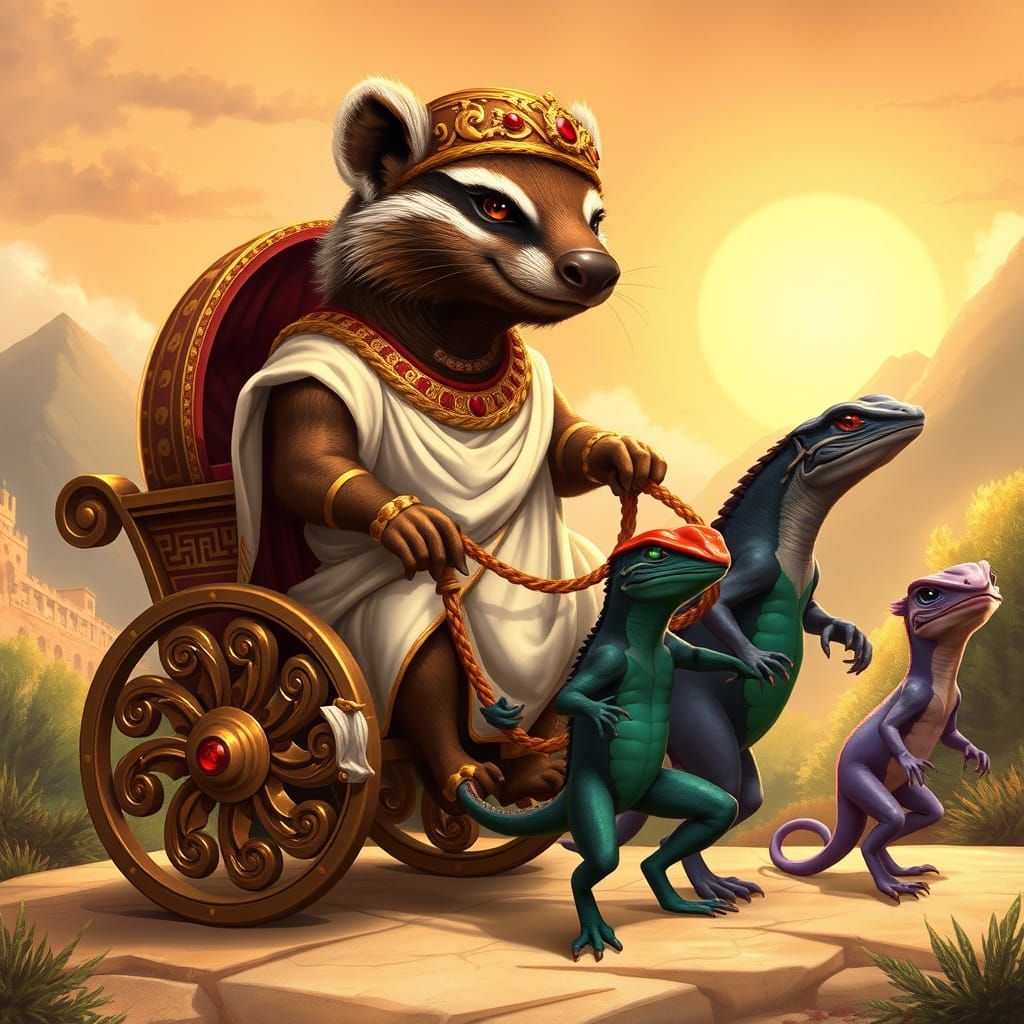 Regal Honey Badger Chariot Ride in Ancient Greek-Inspired Wh...